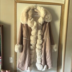 VENUS Tan and Cream Faux Fur Trim Coat